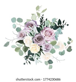 Dusty violet lavender, mauve antique rose, purple pale and ivory yellow flowers vector design wedding bouquet. Eucalyptus, greenery. Floral pastel watercolor style. Elements are isolated and editable