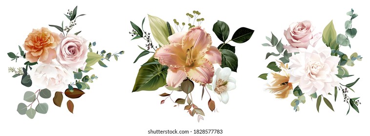 Dusty Yellow, Blush Pink And White Rose, Lily, Pale Tulip, Fall Garden Flowers, Eucalyptus, Greenery Vector Design. Wedding Autumn Dried Floral Bouquet Collection. Elements Are Isolated And Editable