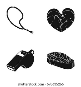 Dusya, heart broken and other web icon in black style. whistle, fish steak icons in set collection.