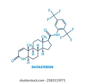 Dutasteride chemical formula, skeletal formula or structural formula showing atoms bonding by lines, balls and sticks model