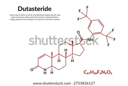 Dutasteride, medication, molecular structural chemical formula, suitable for education or chemistry science content. Vector illustration