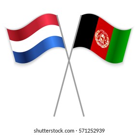 Dutch and Afghan crossed flags. Netherlands combined with Afghanistan isolated on white. Language learning, international business or travel concept.