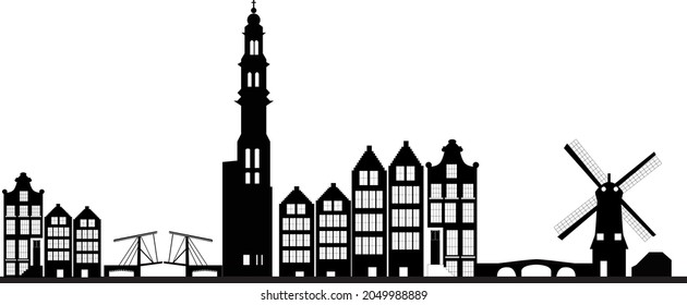 Dutch Amsterdam Skyline With Bridge And Windmill