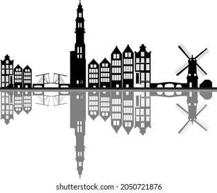 dutch amsterdam skyline with bridge and windmill