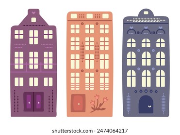 Arquitectura holandesa, tres casas de canal en estilo Ámsterdam. Conjunto de lindos edificios coloridos de los Países Bajos, garabato preppy, Ilustración vectorial, interpretación del autor, arte experimental