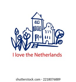 Dutch architecture and tulips. Hand-drawn doodle illustration. Design of a postcard banner, poster, etc. Vector