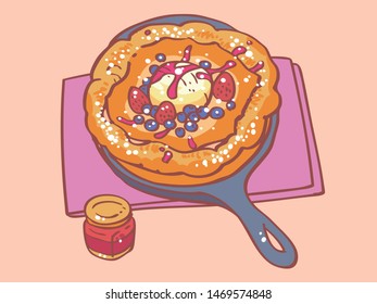 A dutch baby pancake on a skillet. Vector illustration.