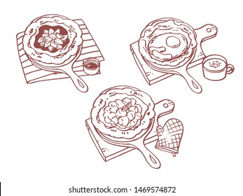 Dutch baby pancakes on skillets. Vector illustration.