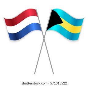 Dutch and Bahamian crossed flags. Netherlands combined with Bahamas isolated on white. Language learning, international business or travel concept.