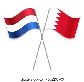 Dutch and Bahraini crossed flags. Netherlands combined with Bahrain isolated on white. Language learning, international business or travel concept.