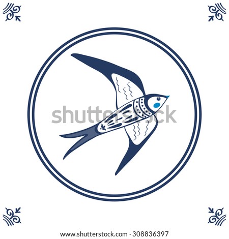 Dutch blue tile with swallow. Illustration in vector format