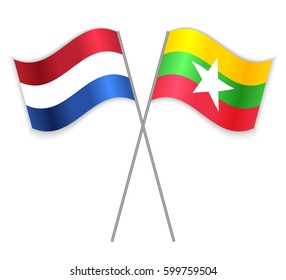 Dutch and Burmese crossed flags. Netherlands combined with Myanmar isolated on white. Language learning, international business or travel concept.