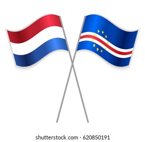 Dutch and Cabo Verdean crossed flags. Netherlands combined with Cabo Verde isolated on white. Language learning, international business or travel concept.