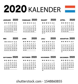 Dutch calendar 2020 with simple black numbers, week starts on Monday. Vector calendar 2020.