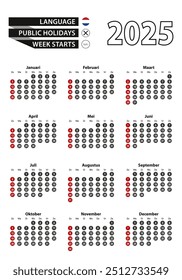 Calendario holandés 2025 con números en círculos, la semana comienza el domingo. 2025 con la bandera de la Ilustración vectorial de los Países Bajos.