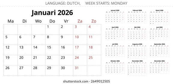 Dutch calendar planner for 2026. Vector illustration set for Dutch. 12 months year kalender