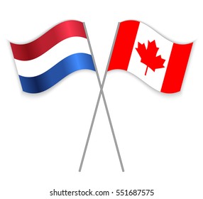 Dutch and Canadian crossed flags. Netherlands combined with Canada isolated on white. Language learning, international business or travel concept.