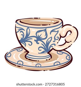 Dutch ceramic tea cup with saucer, blue floral ornament, traditional porcelain tableware, classic European drinkware from Netherlands. Tea cup illustration with decorative pattern, cartoon vector illustration.