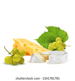 Dutch cheese, brie with grapes low poly. Fresh brie, nutritious dutch cheese, tasty cottage cheese. Vector illustration. Cheese with grapes in triangulation technique.