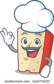 Dutch cheese cartoon character wearing costume of chef and white hat