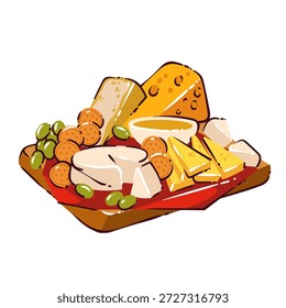 Dutch cheese platter with assorted cheese wedges, slices, cheese balls, olives, wooden board, traditional food set from Netherlands. Cheese assortment with bold outlines and simple shapes, cartoon vector illustration.