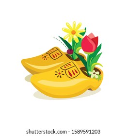 Dutch clogs, traditional wooden shoes from holland with tulip flower decoration Realistic illustration vector 