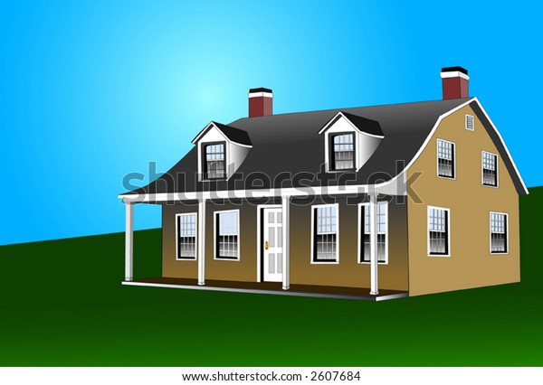 Dutch Colonial Home Gambrel Rooftwo Fireplaces Stock Vector
