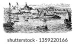 Dutch colony in New Amsterdam,vintage line drawing or engraving illustration.