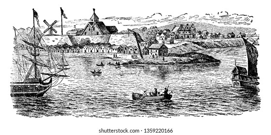 Dutch colony in New Amsterdam,vintage line drawing or engraving illustration.