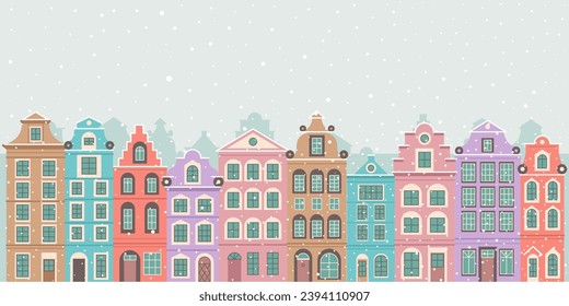 Dutch colorful houses.Winter city landscape.Amsterdam street in snow.New Year and Christmas.Banner with copy space.Vector stock illustration.