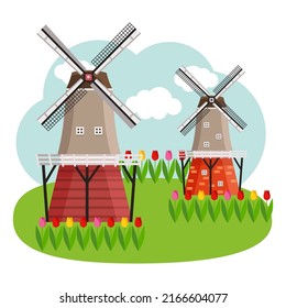 Dutch countryside. Famous symbol of Holland, windmill  with beautiful nature and houses