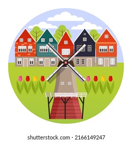 Dutch countryside  in a round frame. Famous symbol of Holland, windmill  with beautiful nature and houses