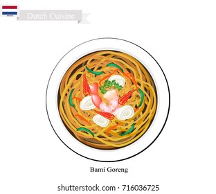 Dutch Cuisine, Bami Goreng or Traditional Fried Noodles with Prawn. One of The Most Famous Dish in Netherlands.