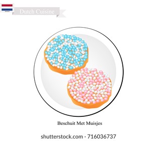 Dutch Cuisine, Beschuit Met Muisjes or Traditional Hard and Dry Biscuit Topped with Muisjes Treat at The Birth of A Baby in The Netherlands. Pink for A Girl and Blue for A Boy. 