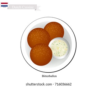 Dutch Cuisine, Bitterballen or Traditional Meatballs Made of Minced Beef or Veal, Butter, Flour, Parsley, Salt and Pepper Served with Mustard Sauce. One of The Most Famous Dish in Netherlands.
