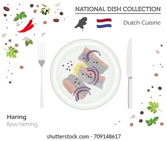 Dutch Cuisine. European national dish collection.  Raw herring isolated on white, infographic. Vector illustration