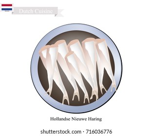 Dutch Cuisine, Hollandse Nieuwe Haring or Traditional Raw and Lightly Salted Herring. One of The Most Famous Food in Netherlands.
