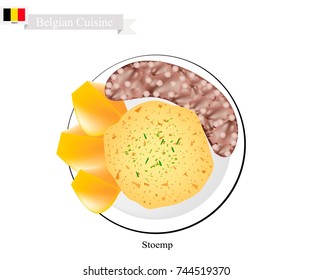 Dutch Cuisine, Illustration of Traditional Stoemp or Mashed Potatoes and Kale Served with Rookworst or Smoked Sausage. One of The Most Famous Dish of Belgium.