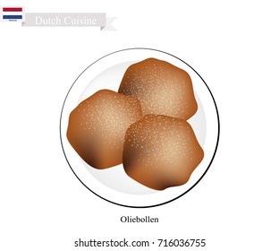 Dutch Cuisine, Oliebollen or Traditional Dutch Doughnuts Topped with Icing. One of The Most Popular Dessert of Netherlands.