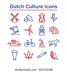 Dutch Culture Icons, Culture Signs of Holland, Traditions of Netherlands, Dutch Life, National Objects of Holland, Colored Line Icons, Colored Stroke Icons, Dutch Culture Line Color Icons