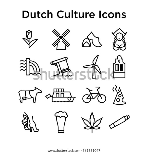 Dutch Culture Icons, Culture Signs of Holland,\
Traditions of Netherlands, Dutch Life, National Objects of Holland,\
Colored Line Icons, Colored Stroke Icons, Dutch Culture Line Color\
Icons
