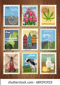 Dutch culture traditions colorful postage stamps set with windmill tulips amsteredam houses and cheese poster vector illustration 