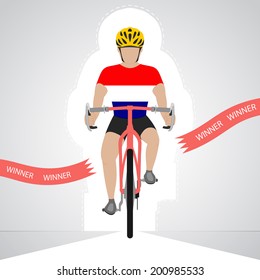 Dutch cyclist in front view crossing red finish line vector isolated illustration