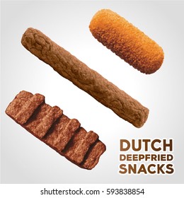 Dutch deep fried snack called Frikandel, Kroket and Mexicano - vector photorealistic