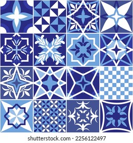 Dutch Delft blue color tiles design. Netherlands ceramic tile set with various ornaments. Seamless pattern.
