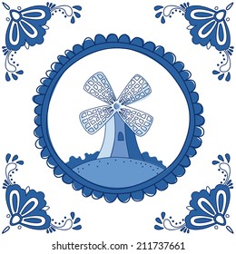 Dutch Delft blue tile with a mill. EPS 10. No transparency. No gradients.