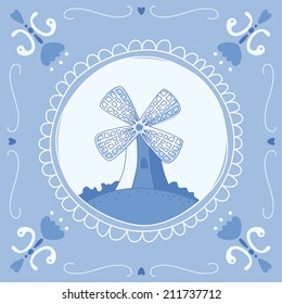 Dutch Delft blue tile with a mill. EPS 10. No transparency. No gradients.