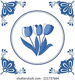 Dutch Delft blue tile with tulips. EPS 10. No transparency. No gradients.