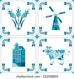 Dutch Delft blue tiles with pictures. Vector illustration.