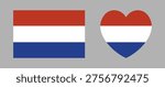 Dutch flag heart shaped, rectangle icons, stickers. Heart, rectangular flag of Netherlands banners. Set of button, badge Holland flag.